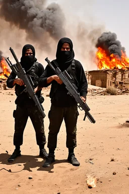 schwarze terroristen in einer wüste stehen hinter einem brennendem dorf mit ihren sturmgewehren