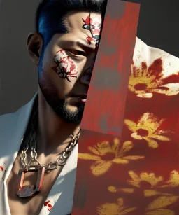 an abstract painting of rusted metal and flowers, Samurai, Geisha style, 8K, a Highly detailed stunning portrait of Dom man holding a submissive woman by the chain, realistic face, white suit, beard, and short hair, bad boy