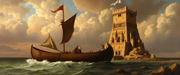 master oil painting by Rembrandt, a boat that looks like the ark and the tower of babel