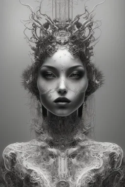 a black and white double exposure photo of a woman's face, an ultrafine detailed air brush painting by Hajime Sorayama, Kyle cooper, and Dan Hillier, cgsociety, dark erotica, avant garde gothic androgynous, mixed media, dystopian art, cosmic art, analog horror, nightmarefuel, hauntingly beautiful, beautifully ominous, sharp and razor focused in stunning HD, world class art, unique, modern masterpiece, exceptional, exquisite, dark fantasy, grime, neoism, apocalypse art, calotype