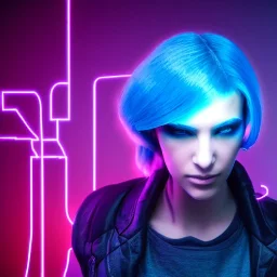 cyberpunk, head, woman, rendering, blue hair, electric circuits in vackgound, lights, high contrast