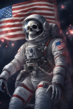 A close up of a skeleton face in an astronaut helmet and suit floating in space. inside the hollow eyes are red shining lights, scary. On his suit is an American flag and in his one hand is a small wavering American hand flag. From the back of his suit is blowing out blue, white and red smoke. Realistic, 8k, highly detailed, funny