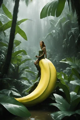 [very impressive high res masterpiece in Kodak Eastman 5247, scene by László Krasznahorkai] the female alien explorer straddles a giant banana in the wet jungle, riding the long fruit with happyness