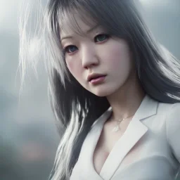 hitomi tanaka, dress white, long black hair, realistic, intriacte detail, sci-fi fantasy style, volumetric lighting, particales,highly detailed,cinamatic, deep colours,8k