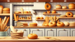 A design for a bakery shop with a kitchen full of fancy breads including baguette, sandwich, toast, bagel, tortilla, white, and whole wheat and wheat ears and sesame seeds in the picture in the Tosi color theme.