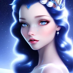 black hair, Snow white, crystal, beautiful, soft, blue light, star in background, blue eyes,