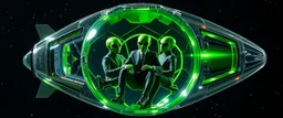 highly regular and hairy transparent soccer ball space ship with green alien director men inside, front flaps, ailrons, smiling welcoming