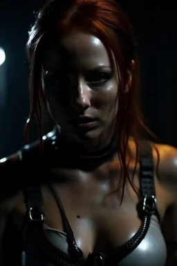 A redhead girl gagged with sculpted abs captured by a movie villain, full body scene