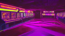 A dark photo of the corners of an 80's aesthetics arcade at night, with a lot of functioning arcade machines, a vaporwave floor and some colorful tiles in between the floor. Purple aesthetics.