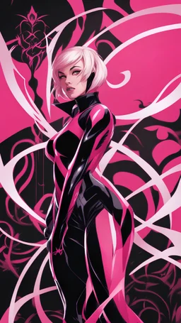 A close picture to Mix between gwenpool and symbiote, symbiote venom in background, pink and black custom, intricate details, highly detailedin in solo leveling shadow art style