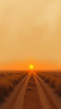 very dusty dirt path with sunset in the prairies, low horizon line, old western, painting based on grainy photo, orange brown tones