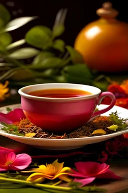 A steaming cup of herbal tea, infused with the vibrant colors of a blooming garden, beckons you to take a sip and be transported to a world of relaxation and rejuvenation.