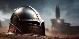 apocalypse, chaotic, magnificent, realistic, colorful, massive, epic, ray tracing, cinematic, 8k, HD, Ultra High Definition, photo film, film grain, hyper-detailed, old ornate rusty Hyper detailed Medieval Knight helmet on ground with visor