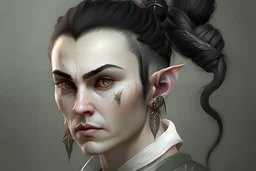 A Fantasy elf, a white male with black hair tied up in a bun, a scarred left eye. Full body