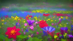 An array of vibrant flowers of every color imaginable, blooming in the enchanted meadow.
