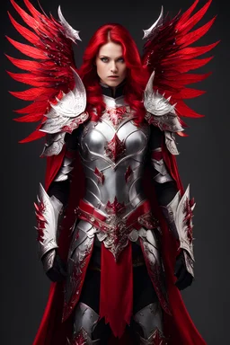 Fullbody Photography Beautiful Woman dressing silver and crimson knight armor with glowing red eyes, and a ghostly red flowing cape, crimson trim flows throughout the armor, black and red spikes erupt from the shoulder pads, crimson and gold angel wings, crimson hair, spikes erupting from the shoulder pads and gauntlets