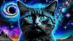 cat-alien stunning weird hybrid , in background galaxy, stars, fantasy, detailed, masterpiece intricate on encaustic deep Byzantian space ancient art , details, HDR, glitch, metallic, cold colors, sharp focus, 64 megapixels, sci-fi mood