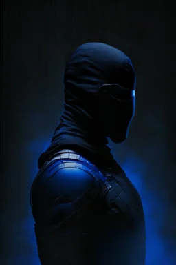 Background is dark blue, almost black. There is a head and torso silhouette looming in the picture, completely masked by a black kevlar suit.