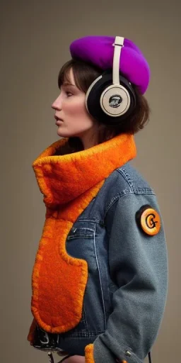 Brunette she. average body type. big head. Mantle is sewed of upcycled Denim and sewed together of camouflage pieces. Pieces' color are orange, cream and purple. It is with big bright purple felt tippet and cream-colored-hood. mantle is merged with satchel. . Big AKG-style headphones (gold rings!) is merged with small felt cap with small visor. Style: Haute Couture in 1910's, Paris fashion in 1998, inspired by street art. Cream latex gaiter. Her head and rest body!