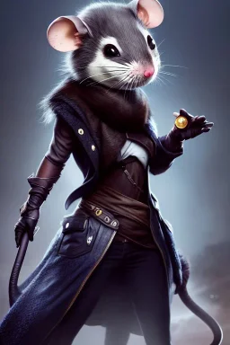 full body concept, very fine art oil painting of a cute anthropomorphic mouse thief with a very beautiful face wearing full intricate clothing, ultra detailed, octane render, 4K, dystopian, micro details