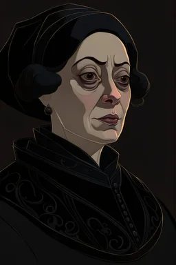 A portrait of a 40-years old aristocrat woman from XV century in strict dark clothes, authoritative, cold, emotionless, in the style of Genndy Tartakovsky's cartoons, uncovered head