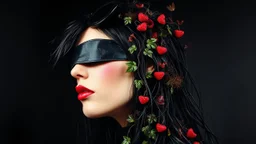 Thomas Ligotti, Mannequin World, In Space They Can't Hear You Scream, Dave McKean, Inspired by Zdzislaw Beksinski's Nightmare Paintings, Wassily Kandinsky, Double Exposure, Gnostic Tragedy, Sinister, Woman, Messy Black Hair, Made of Shiny Texture, Sunglasses on Head, Red Blush, Blindfolded, Half Smirk, Vine Design, Raspberry, Surreal, Futuristic, Black Open Background, Peach Skin, Leafy Textures, Shiny Plastic, Organic Aesthetics, Rose Red Tint, Green Leaves, Alien Design, Mutant Structu