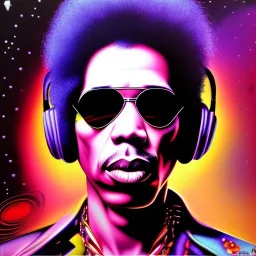 a realistic picture of Jimi Hendrix at a turntable with headphones on being a DJ, vivid color, with sunglasses, psychedelic trippy art, with UFOs in the background