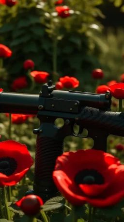 black gun with red kiss on it in a garden full of red poppies. cinematic