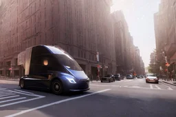 A Tesla 'Semi' (semi truck) is going at a high speed, near the 'Central Synagogue' in New York City. (CINEMATIC, WIDE ANGLE LENS, PHOTO REAL)