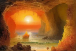 A light rosy orange colored cavern near the sea designed in Moroccan rug art painted by John Atkinson Grimshaw