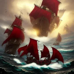 11 pirate warriors in dark red armor, charging off their ship onto the beach, a highly detailed illustration, background of giant crashing ocean waves, realistic render, 8 k, micro detail, intricate, elegant, centered, digital painting, Artstation, smooth, sharp focus, illustration, artgerm, tomasz alen kopera, peter mohrbacher, donato giancola, joseph christian leyendecker, wlop, boris vallejo