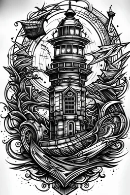 Old school tattoo sketch, black and white, Cyberpunk tower