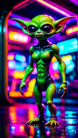 sexy stunt alien gremlin in telephone both parked in dark neon lit reflective wet arcade hall tunnel,bokeh like f/0.8, tilt-shift lens 8k, high detail, smooth render, down-light, unreal engine, prize winning