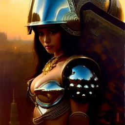 portrait 'Beautiful booty, Busty Blonde in black bra ',ancient metal armor and helmet ,painting by gaston bussiere, greg rutkowski, yoji shinkawa, yoshitaka amano, tsutomu nihei, donato giancola, tim hildebrandt, oil on canvas, cinematic composition, extreme detail,fit full head inside picture,16k