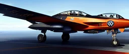 A national geographic award winning photograph of a military fighter jet station wagon wasp hybrid designed by volkswagen only one vehicle per image painted metallic orange traveling at a high rate of speed, jet intake off of front center of vehicle and jet exhaust out the rear with bright blue flame