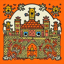 A light rosy orange colored fortress with swords painted by Keith Haring