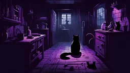 dark place, cozy place, technological,small black cat in the distance, body horror, creepy, fantasy, hook, violet, meat