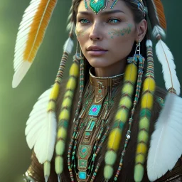 New Mexico pueblo Indian female, pueblo indian, 12k, ultra high definition, finely tuned detail, unreal engine 5, octane render, ultra realistic face, realistic headress, detailed make-up, green chile, zia, detailed turquoise jewelry, detailed hair, detailed feathers, green chile background