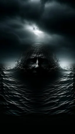 Mourning in dephts of ocean , a halo face with a smoky clouds and black batsin dark gloomy foggy background with very small dem light