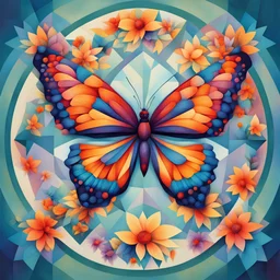 The image represents "big butterfly and very big flowers, in a circle", which is depicted as an abstract image with geometric shapes, such as squares and triangles, arranged in a harmonious image. The colors should be bright and vibrant using blue-green, red-orange, yellow and purple. The background should be neutral to bring out the colors. The overall impression is very minimalistic, modern and artistic.​