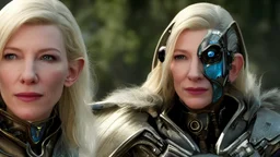 Portrait of Kate Blanchett as an elfin cyborg, in a fantasy landscape, HD 4K, photo-realistic accurate face and features, award winning photography, unreal engine, cinematic lighting