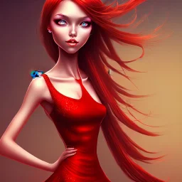 smiling, wide eyes, long hair, pretty female, head and shoulders, red dress