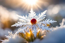 Beautiful snowflakeredder than blood on the winter sunny morning indirect sun ray on, Miki Asai Macro photography, entire but close-up, hyper detailed, trending on artstation, sharp focus, studio photo, intricate details, highly detailed,