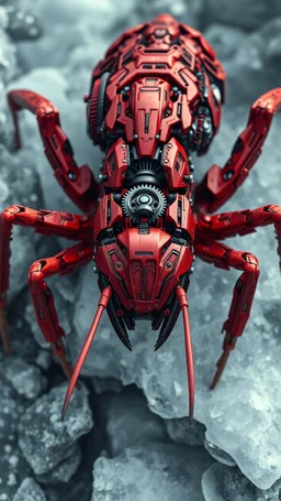 A dynamic aerial view showcasing the fusion of organic and Neumorphism elements, depicting a fully red mecha-ant. Its intricate mechanisms are driven by interlocking gears and complex mechanical teeth embedded throughout its massive frame. The larva's mane is ingeniously replaced with a rotating gear system, amplifying its cybernetic presence. With hyper-techno aesthetics, it prowls silently through the dense, mist-laden snow ice rock