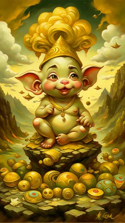 adorable baby Ganesha with big eyes in the pose of success, money piled up into a mountain, money flying around, oil painting