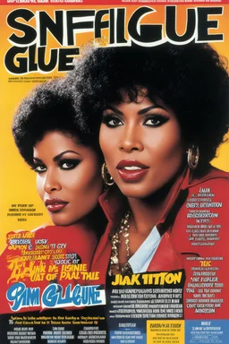 SNIFFIN’ GLUE magazine high res photo cover by Jack Hill: special issue #62 (May 1995) on blaxploitation movies, guest star: Pam Grier as Coffy in action [a lot of writing and table of content issues like indie magazines]