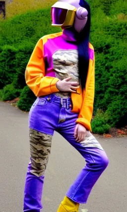 Photo of Asa akira. Camouflage colors are terracotta, cream and purple, lilac and Cream latex, imperial yellow, red plum. Baggy jeans! plant print.European daft punk woman. Baggy jeans! Mantle is sewed of recycled Denim and sewed together of recycled polymer felt. lace, Yellow(Munsell) areas. hint of orange as effect color!!Big bright purple/khaki felt tippet and cream or blue or lilac colored-hood. mantle is merged with satchel. . AKG-style headphones is merged with felt cap, cyan small visor.