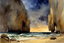 Night, rocks, cliffs, sci-fi, distant mountains, sea, waves, sand, seashore, epic, fantasy, john singer sargent watercolor paintings