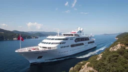 The description should capture the elegance of the ship, the beauty of the surrounding landscape,