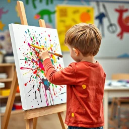 in a kindergarten classroom, a 6 year old child flings colorful paint with a paintbrush at a white canvas on an easel making an incredible cutting edge paint splatter arkwork worthy of Jackson Pollock,